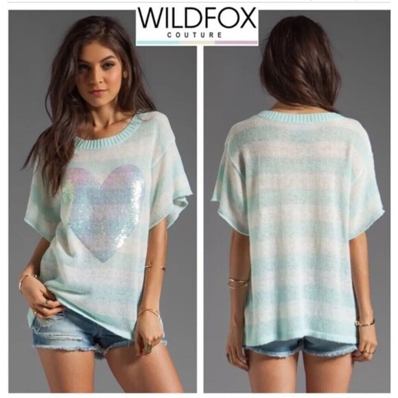 Wildfox White Label Striped Sequin Heart Short Sleeve Sweater Size Small S Blue - Picture 1 of 12